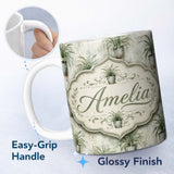 Personalized Custom Name Fresh Green Grass Leaf Botanical Seamless Pattern Cute Unique Gift 11oz Ceramic Coffee Tea Mug White Large Handle