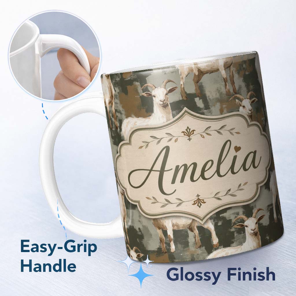 Personalized Custom Name Rustic Farm Goat Animal Illustration Seamless Pattern Lovely 11oz Ceramic Coffee Tea Mug White Large Handle