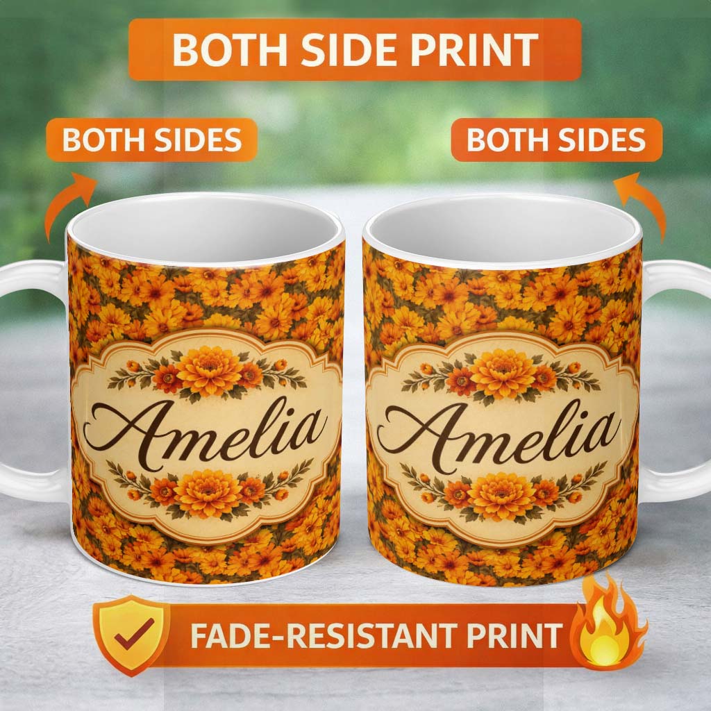 Personalized Custom Name Dense Orange Marigold Floral Seamless Pattern Warm Autumn Tones 11oz Ceramic Coffee Tea Mug White Large Handle