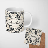 Personalized Custom Name Abstract Organic Blobs Black Beige Modern Artistic Pattern Lovely 11oz Ceramic Coffee Tea Mug White Large Handle