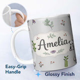Personalized Custom Name Cute Panda Bear with Bamboo Leaves Floral Seamless Pattern Grey 11oz Ceramic Coffee Tea Mug White Large Handle