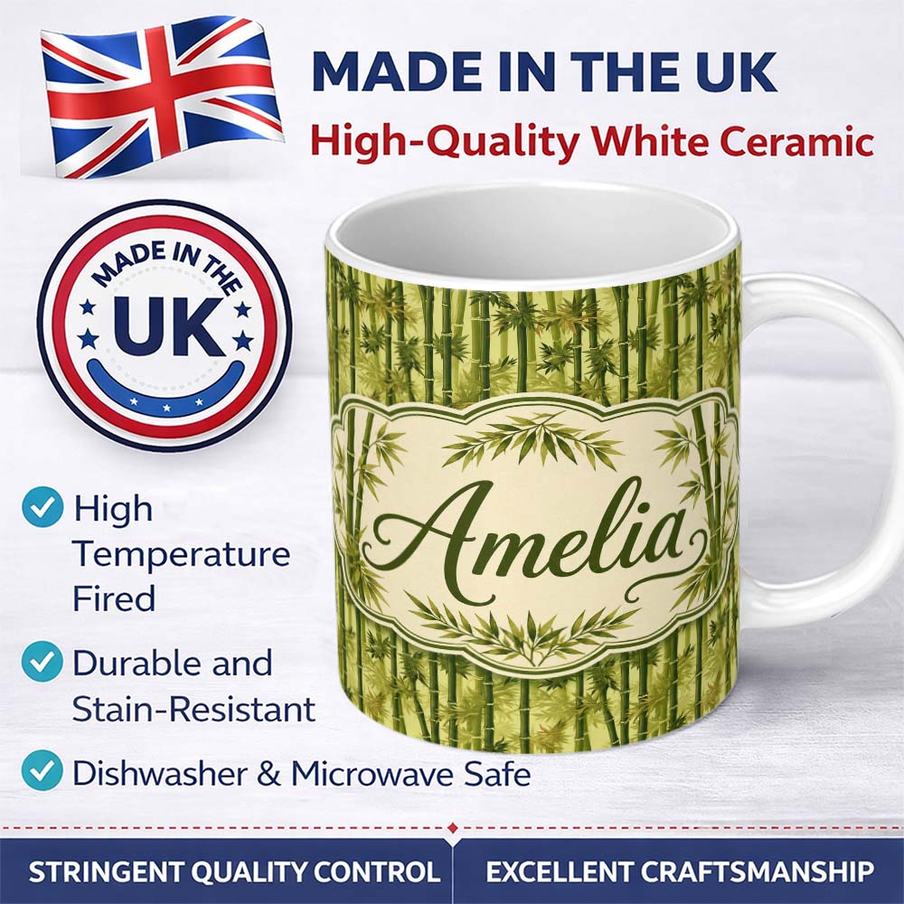 Personalized Custom Name Lush Bamboo Forest with Layered Leaves Natural Seamless Pattern 11oz Ceramic Coffee Tea Mug White Large Handle