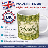 Personalized Custom Name Lush Bamboo Forest with Layered Leaves Natural Seamless Pattern 11oz Ceramic Coffee Tea Mug White Large Handle