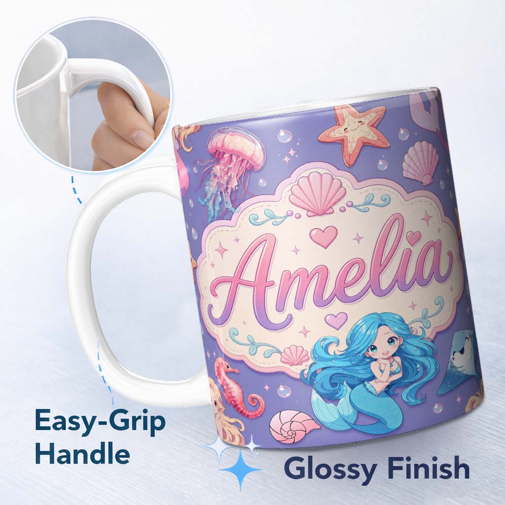 Personalized Custom Name Cute Blue Mermaid Jellyfish Seahorse and Ocean Creatures Purple 11oz Ceramic Coffee Tea Mug White Large Handle