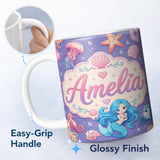 Personalized Custom Name Cute Blue Mermaid Jellyfish Seahorse and Ocean Creatures Purple 11oz Ceramic Coffee Tea Mug White Large Handle