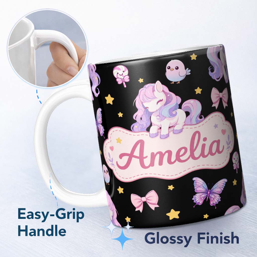 Personalized Custom Name Cute Pastel Unicorn Butterfly Candy Stars Black Background Seamless 11oz Ceramic Coffee Tea Mug White Large Handle