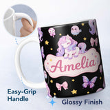 Personalized Custom Name Cute Pastel Unicorn Butterfly Candy Stars Black Background Seamless 11oz Ceramic Coffee Tea Mug White Large Handle