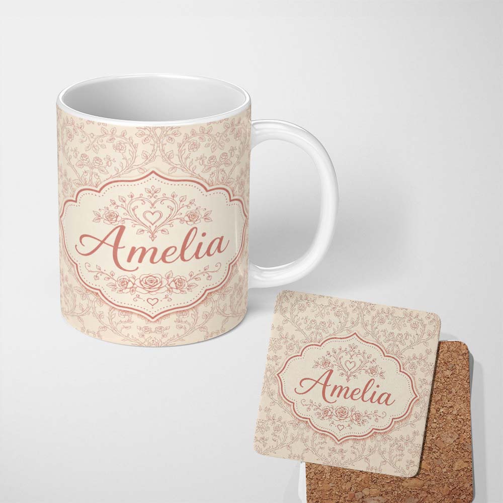 Personalized Custom Name Ornate Rose Heart Vine Romantic Seamless Pattern Design Lovely 11oz Ceramic Coffee Tea Mug White Large Handle