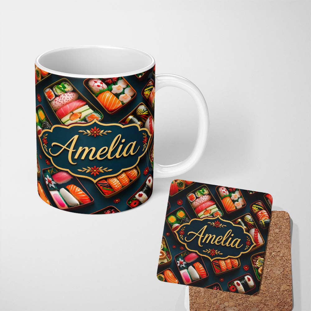 Personalized Custom Name Assorted Sushi Bento Boxes with Fresh Ingredients Pattern Japanese 11oz Ceramic Coffee Tea Mug White Large Handle