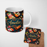 Personalized Custom Name Assorted Sushi Bento Boxes with Fresh Ingredients Pattern Japanese 11oz Ceramic Coffee Tea Mug White Large Handle