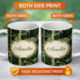 Personalized Custom Name Dark Bamboo Forest Texture Pattern Deep Green Botanical Artistic 11oz Ceramic Coffee Tea Mug White Large Handle