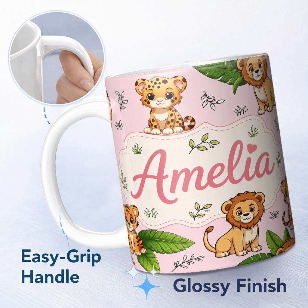 Personalized Custom Name Cute Jungle Animals Lion Tiger Leopard Tropical Leaves Blush Pink 11oz Ceramic Coffee Tea Mug White Large Handle