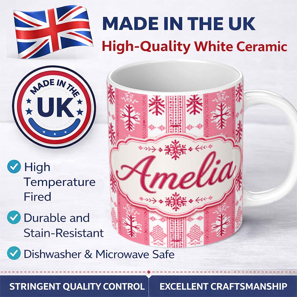 Personalized Custom Name Scandinavian Pink Red Snowflake Nordic Seamless Pattern Lovely 11oz Ceramic Coffee Tea Mug White Large Handle