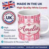 Personalized Custom Name Scandinavian Pink Red Snowflake Nordic Seamless Pattern Lovely 11oz Ceramic Coffee Tea Mug White Large Handle