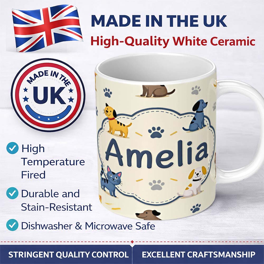 Personalized Custom Name Cute Dogs and Cats with Paw Prints Playful Pet Seamless Pattern 11oz Ceramic Coffee Tea Mug White Large Handle