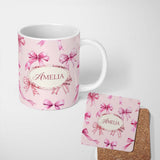 Personalized Custom Name Watercolor Pink Ribbon Bows Soft Blush Background Seamless Pattern 11oz Ceramic Coffee Tea Mug White Large Handle