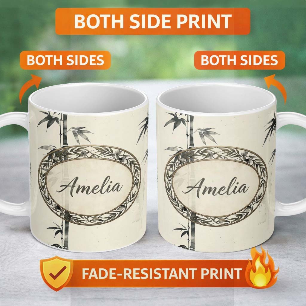 Personalized Custom Name Traditional Ink Bamboo Branch on Textured Beige Background Pattern 11oz Ceramic Coffee Tea Mug White Large Handle
