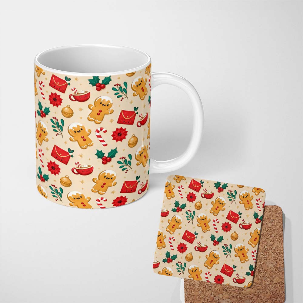 Personalized Custom Name Cute Gingerbread Cookies Envelope Cocoa Seamless Pattern Lovely 11oz Ceramic Coffee Tea Mug White Large Handle