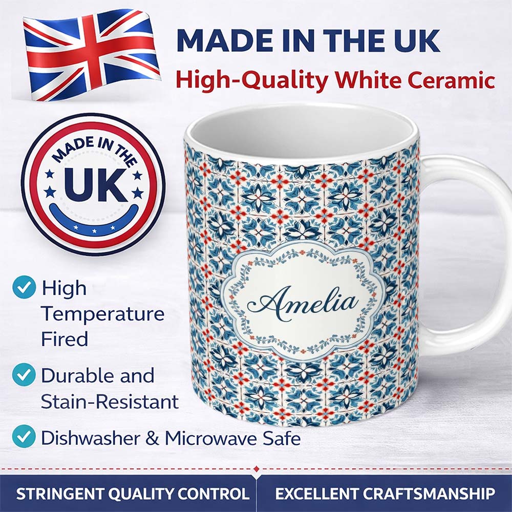 Personalized Custom Name Traditional Blue Red Floral Tile Motif Seamless Pattern Lovely 11oz Ceramic Coffee Tea Mug White Large Handle