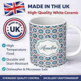 Personalized Custom Name Traditional Blue Red Floral Tile Motif Seamless Pattern Lovely 11oz Ceramic Coffee Tea Mug White Large Handle