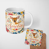 Personalized Custom Name Watercolor Baby Deer Fawn with Colorful Floral Botanical Background 11oz Ceramic Coffee Tea Mug White Large Handle