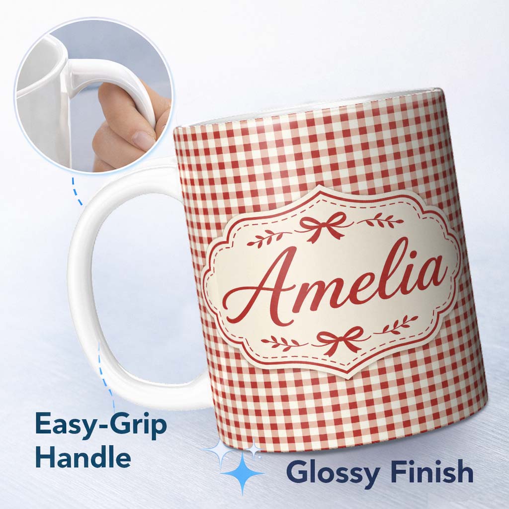 Personalized Custom Name Classic Red Gingham Check Style Seamless Pattern Cute Unique Gift 11oz Ceramic Coffee Tea Mug White Large Handle