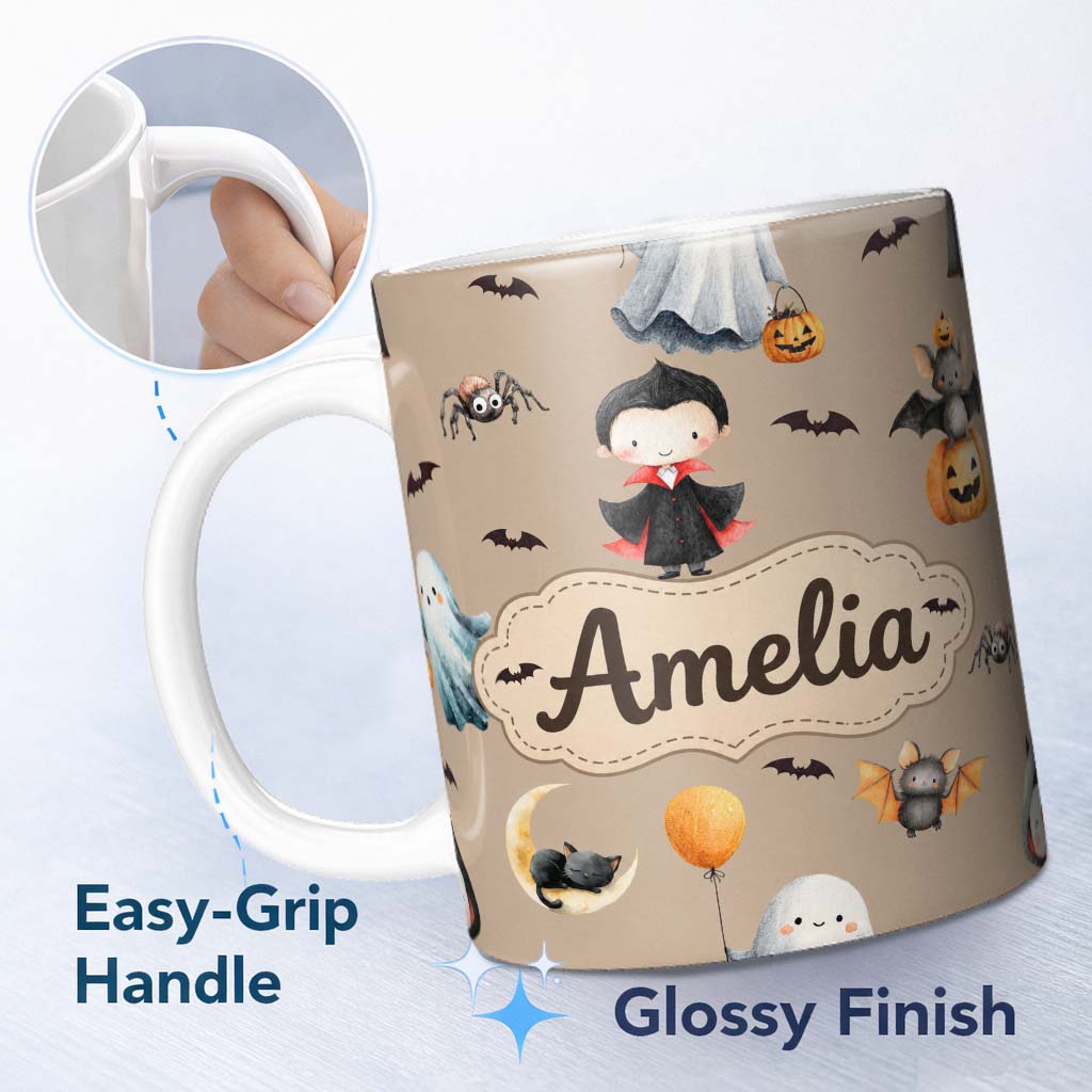 Personalized Custom Name Cute Halloween Dracula Ghost Bats on Brown Background Seamless 11oz Ceramic Coffee Tea Mug White Large Handle