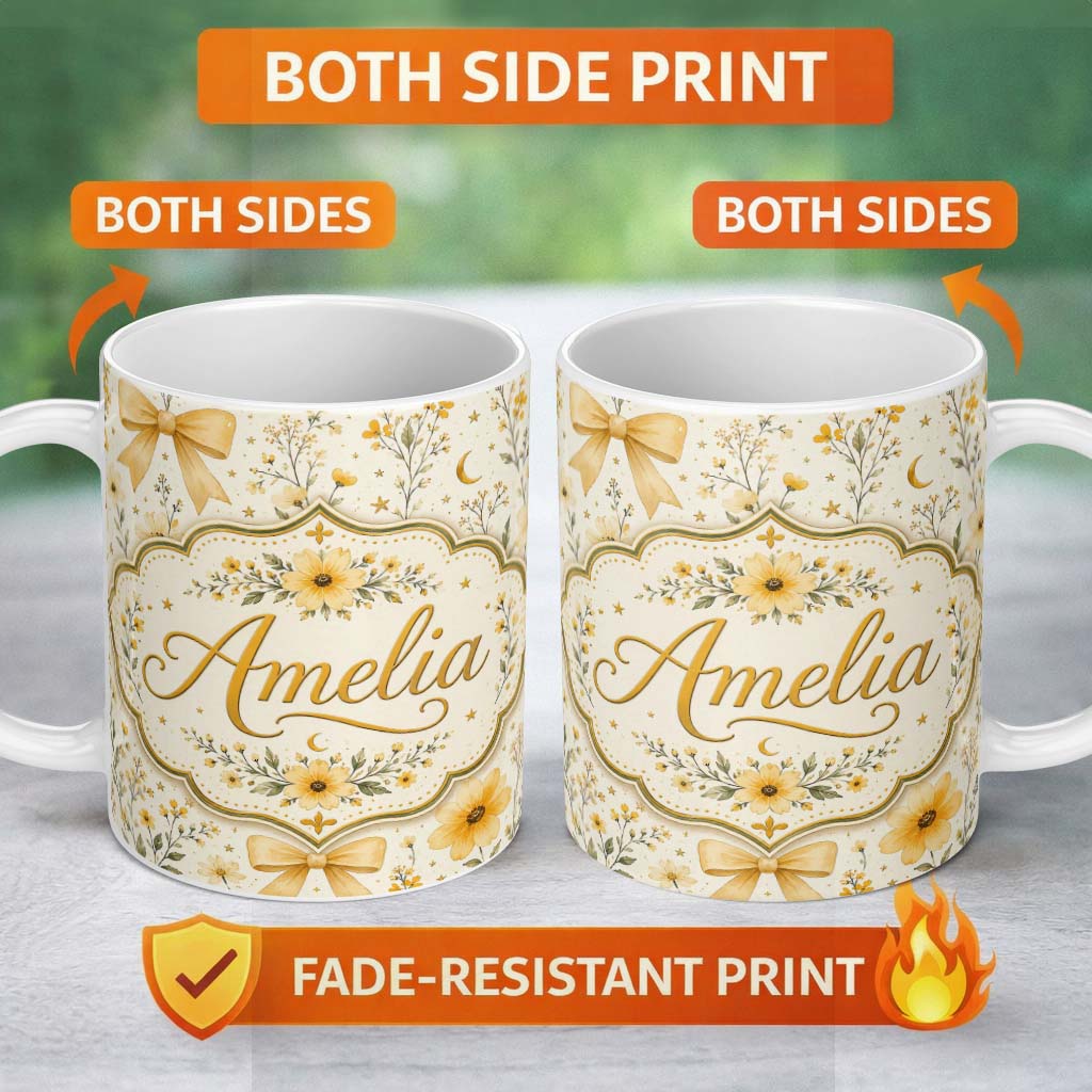 Personalized Custom Name Elegant Yellow Floral Bow Botanical Seamless Pattern Lovely 11oz Ceramic Coffee Tea Mug White Large Handle