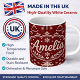 Personalized Custom Name Red Nordic Snowflake Reindeer Knitted Seamless Pattern Lovely 11oz Ceramic Coffee Tea Mug White Large Handle