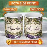 Personalized Custom Name Botanical Floral Garden Illustration Vintage Style Seamless Pattern 11oz Ceramic Coffee Tea Mug White Large Handle