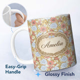 Personalized Custom Name Vintage Floral Botanical Art Nouveau Style Seamless Pattern Lovely 11oz Ceramic Coffee Tea Mug White Large Handle