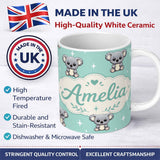 Personalized Custom Name Cute Koala Bears with Stars Mint Green Background Seamless Pattern 11oz Ceramic Coffee Tea Mug White Large Handle
