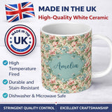 Personalized Custom Name Elegant Vintage Floral Bouquet Garden Seamless Pattern Design Lovely 11oz Ceramic Coffee Tea Mug White Large Handle