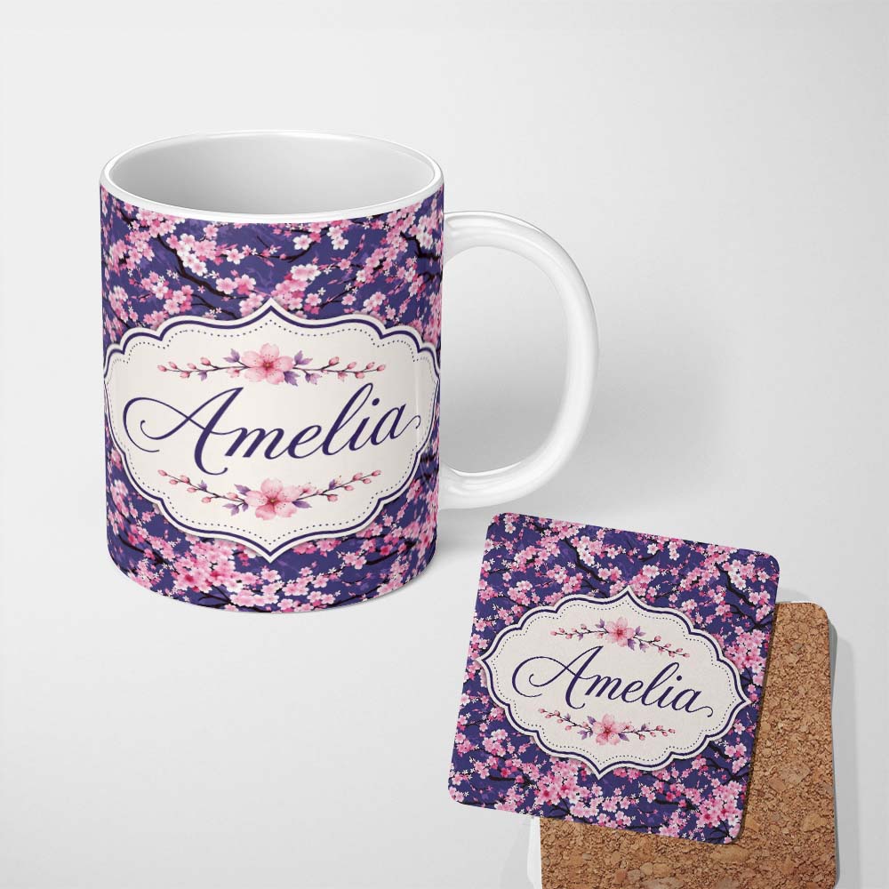 Personalized Custom Name Pink Cherry Blossom Branches Purple Background Seamless Pattern 11oz Ceramic Coffee Tea Mug White Large Handle