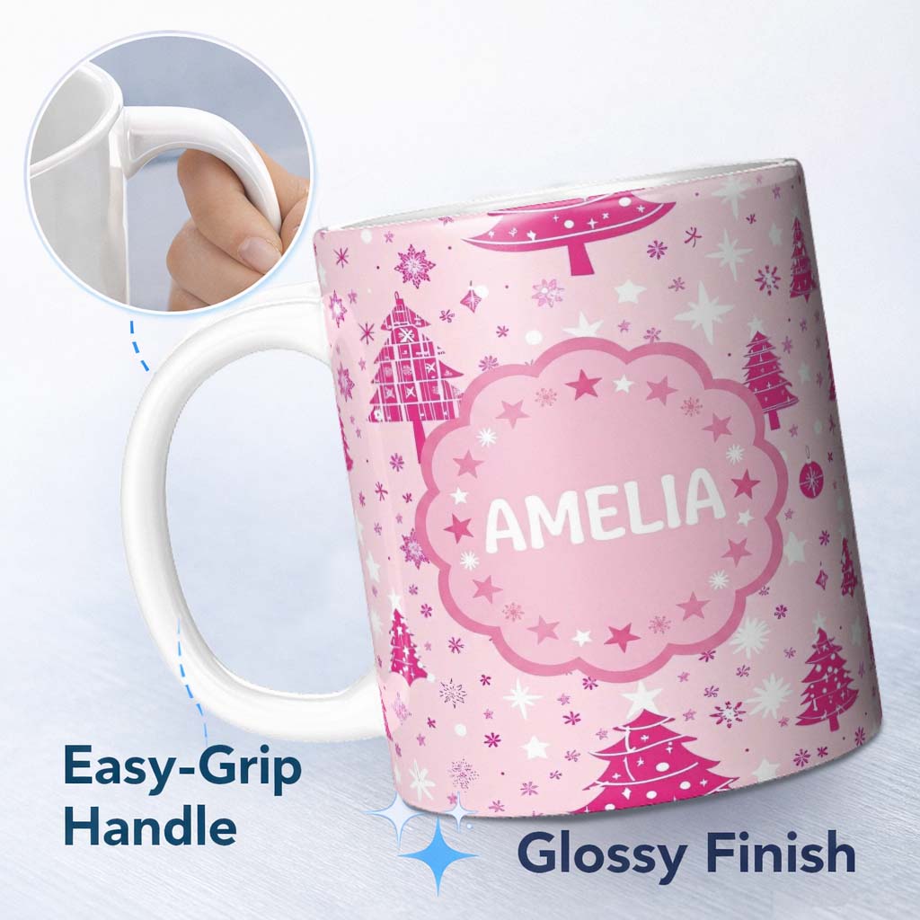 Personalized Custom Name Cute Pink Christmas Tree Star Snowflake Seamless Pattern Lovely 11oz Ceramic Coffee Tea Mug White Large Handle