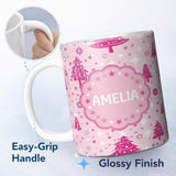 Personalized Custom Name Cute Pink Christmas Tree Star Snowflake Seamless Pattern Lovely 11oz Ceramic Coffee Tea Mug White Large Handle