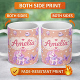 Personalized Custom Name Cute Pastel Unicorn Butterfly Candy Stars Peach Background Seamless 11oz Ceramic Coffee Tea Mug White Large Handle