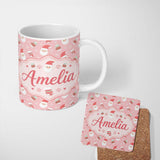 Personalized Custom Name Cute Santa Face Mittens Snowflake Seamless Pattern Cute Unique Gift 11oz Ceramic Coffee Tea Mug White Large Handle