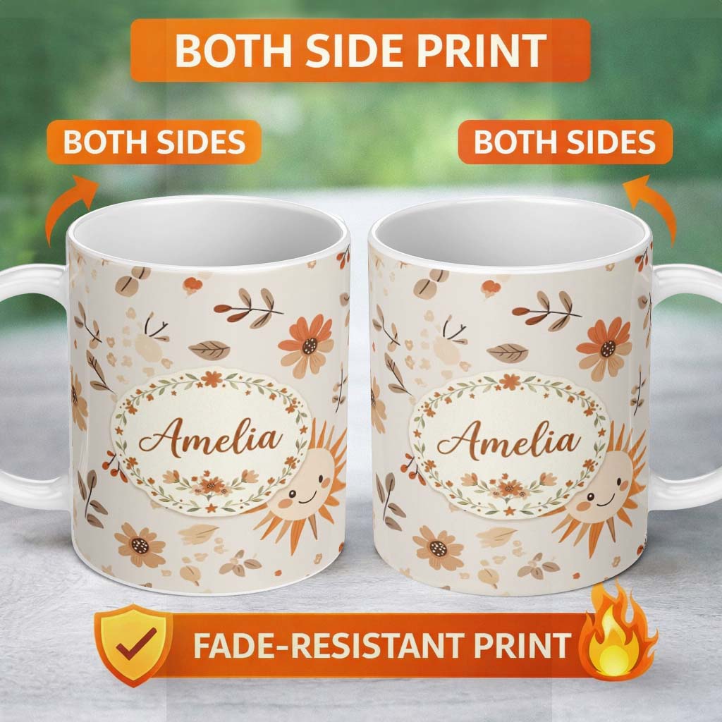 Personalized Custom Name Minimal Floral Pattern with Cute Smiling Sun Design Seamless Lovely 11oz Ceramic Coffee Tea Mug White Large Handle