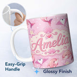 Personalized Custom Name Pink Dolphin Stingray Starfish Ocean Creatures Light Pink Polka Dot 11oz Ceramic Coffee Tea Mug White Large Handle