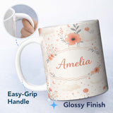 Personalized Custom Name Watercolour Floral Cloud Pattern Soft Peach Tones Cute Unique Gift 11oz Ceramic Coffee Tea Mug White Large Handle