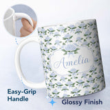 Personalized Custom Name Blue Hydrangea Bouquet Ribbon Floral Seamless Pattern Lovely 11oz Ceramic Coffee Tea Mug White Large Handle