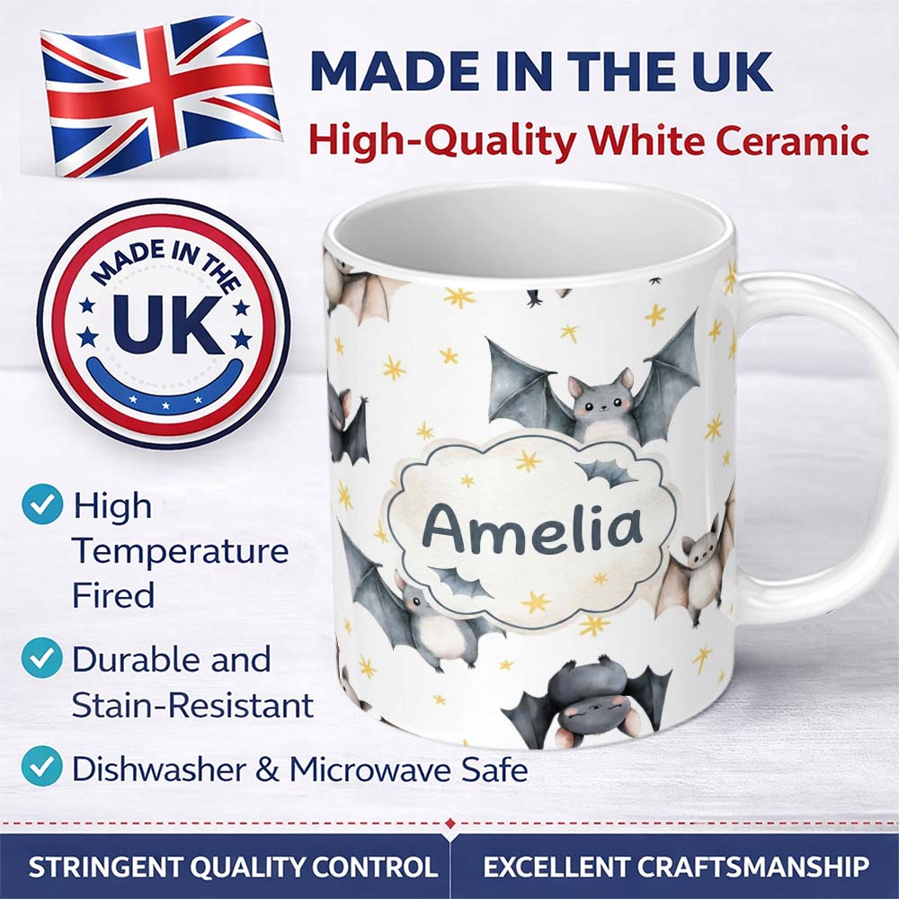 Personalized Custom Name Cute Baby Bats Flying with Stars Soft White Background Seamless 11oz Ceramic Coffee Tea Mug White Large Handle