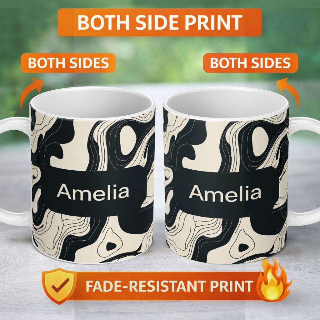 Personalized Custom Name Layered Terrain Waves Black Grey Abstract Landscape Pattern Lovely 11oz Ceramic Coffee Tea Mug White Large Handle