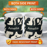 Personalized Custom Name Layered Terrain Waves Black Grey Abstract Landscape Pattern Lovely 11oz Ceramic Coffee Tea Mug White Large Handle
