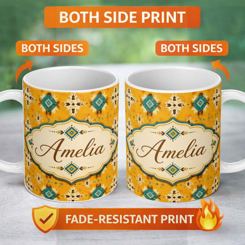 Personalized Custom Name Bold Yellow and Teal Aztec Geometric Tribal Seamless Pattern Lovely 11oz Ceramic Coffee Tea Mug White Large Handle