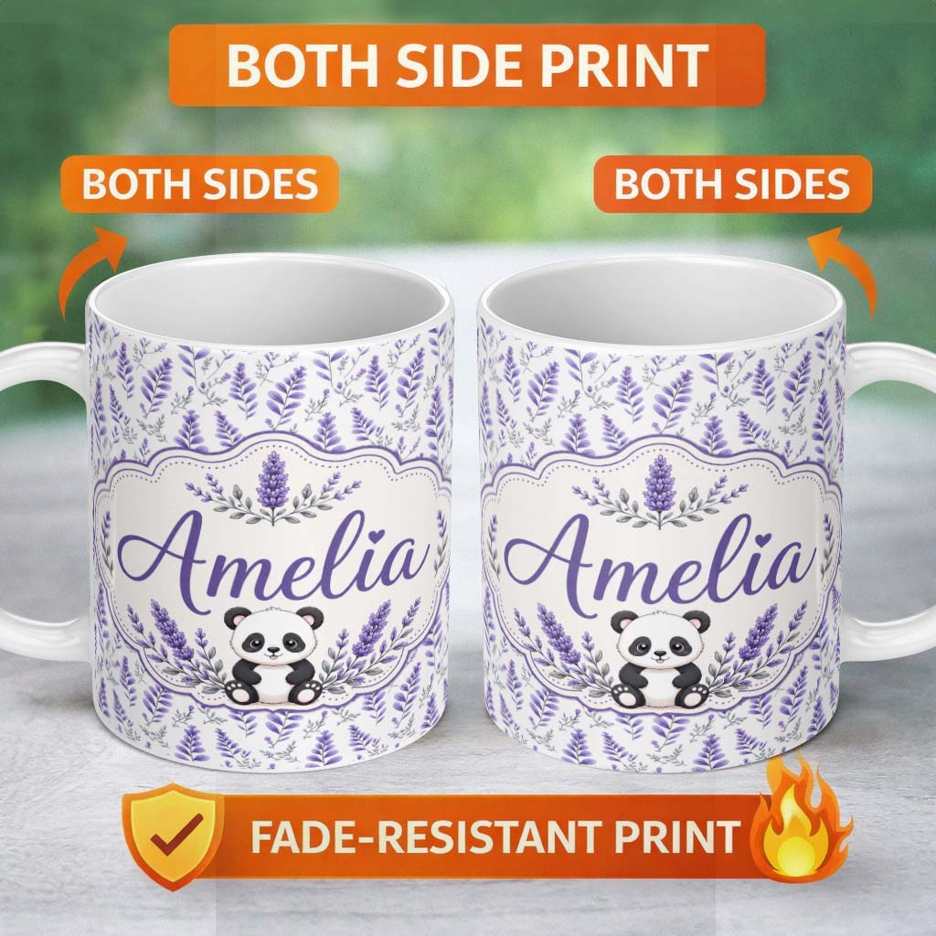 Personalized Custom Name Minimal Lavender Leaf and Stem Repeat in Soft Purple Tones Lovely 11oz Ceramic Coffee Tea Mug White Large Handle