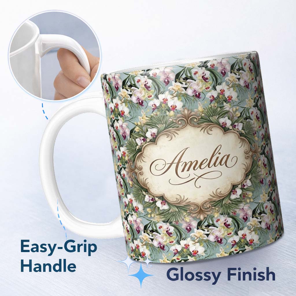 Personalized Custom Name Tropical Orchid Floral with Cream and Pink Blooms Soft Blue Lovely 11oz Ceramic Coffee Tea Mug White Large Handle