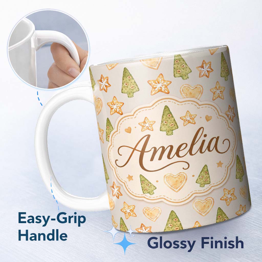 Personalized Custom Name Gingerbread Cookie Heart Star Christmas Baking Seamless Pattern 11oz Ceramic Coffee Tea Mug White Large Handle