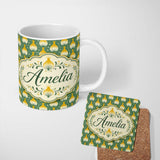 Personalized Custom Name Geometric Onion Motif Pattern Green Background Modern Minimal Design 11oz Ceramic Coffee Tea Mug White Large Handle